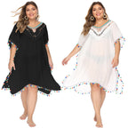 Damen luftiger Strandponcho mit buntem Quastenrand R&B