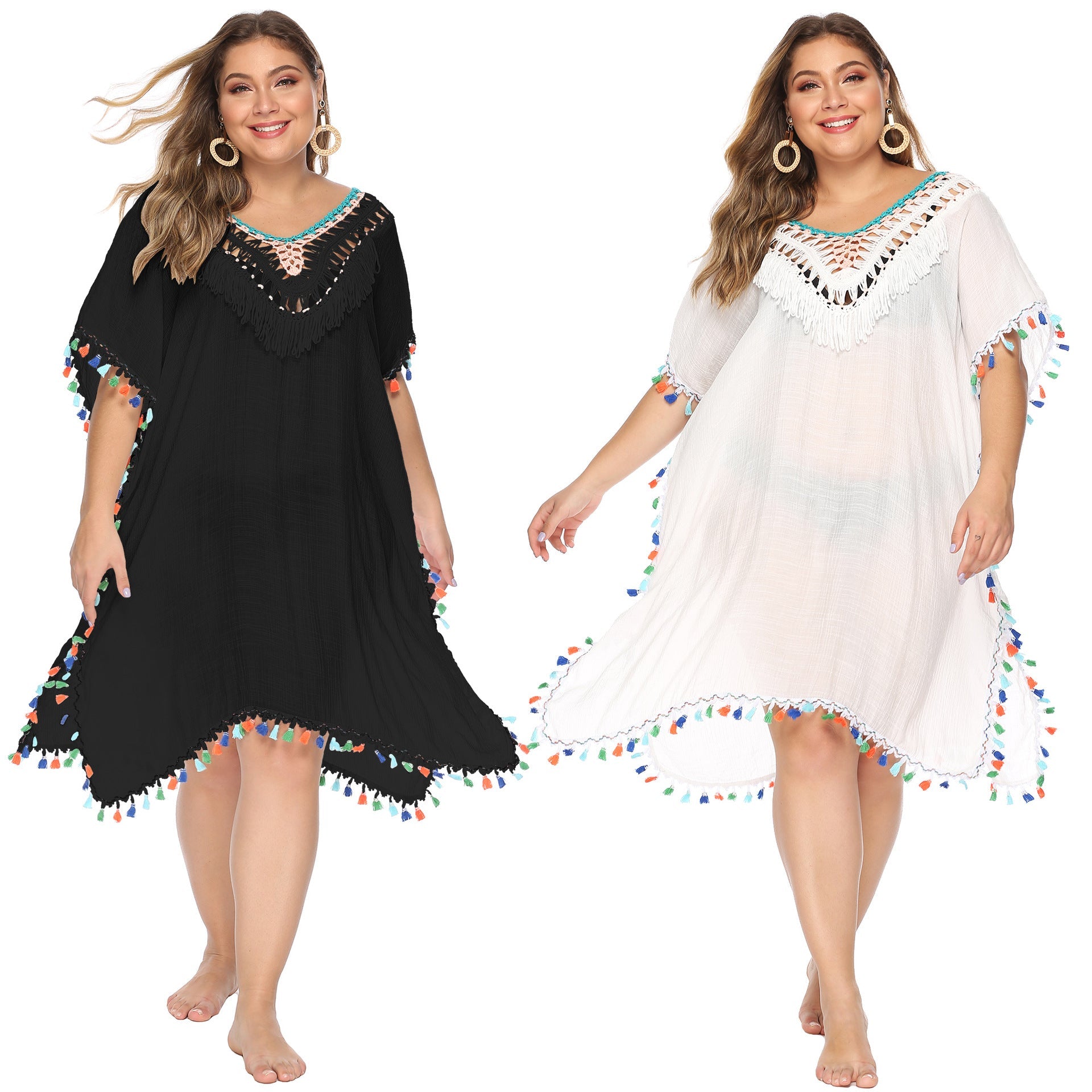 Damen luftiger Strandponcho mit buntem Quastenrand R&B