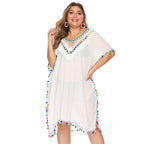 Damen luftiger Strandponcho mit buntem Quastenrand R&B