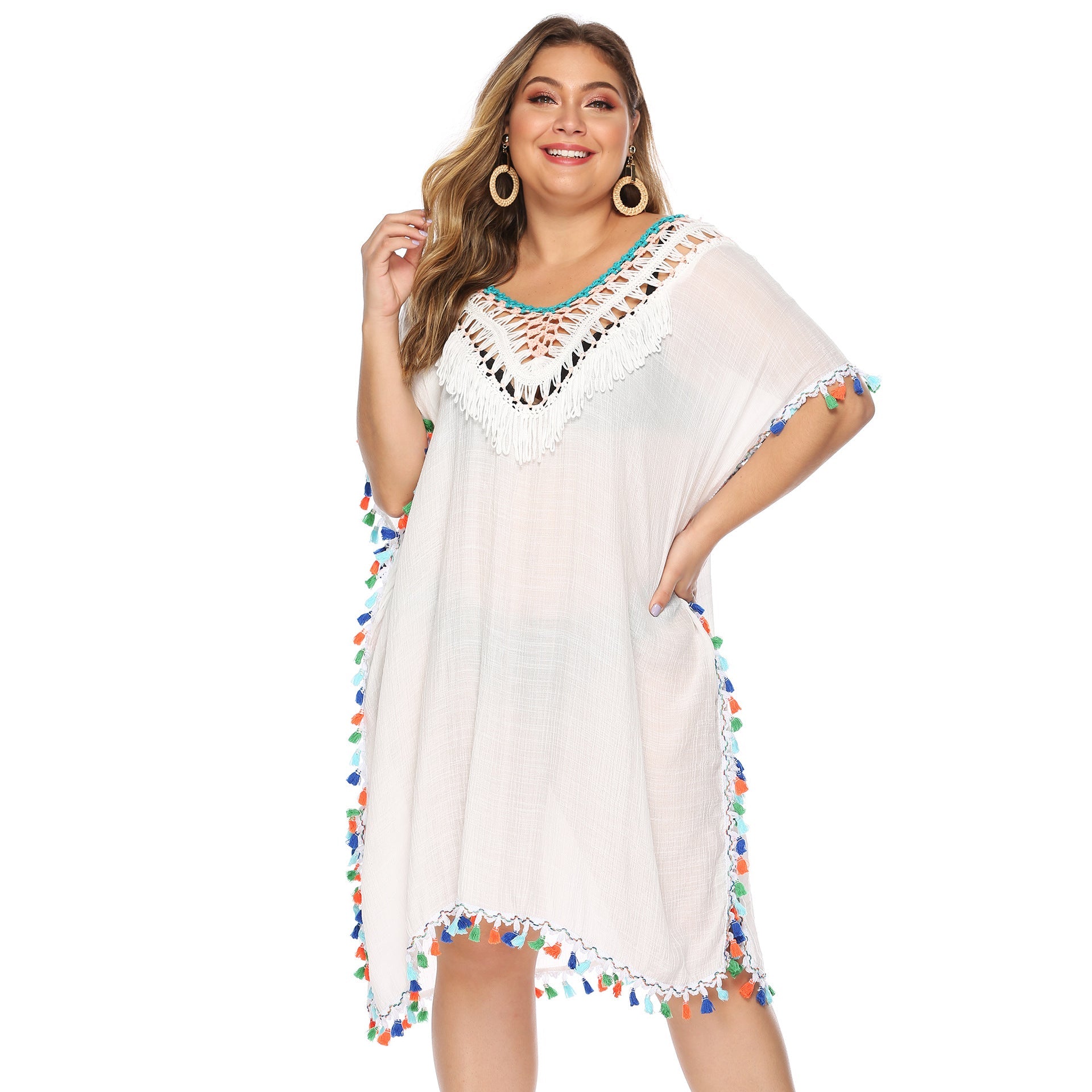 Damen luftiger Strandponcho mit buntem Quastenrand R&B