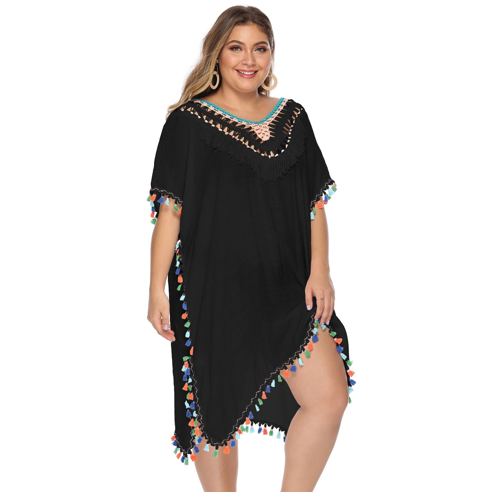 Damen luftiger Strandponcho mit buntem Quastenrand R&B