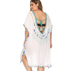 Damen luftiger Strandponcho mit buntem Quastenrand R&B