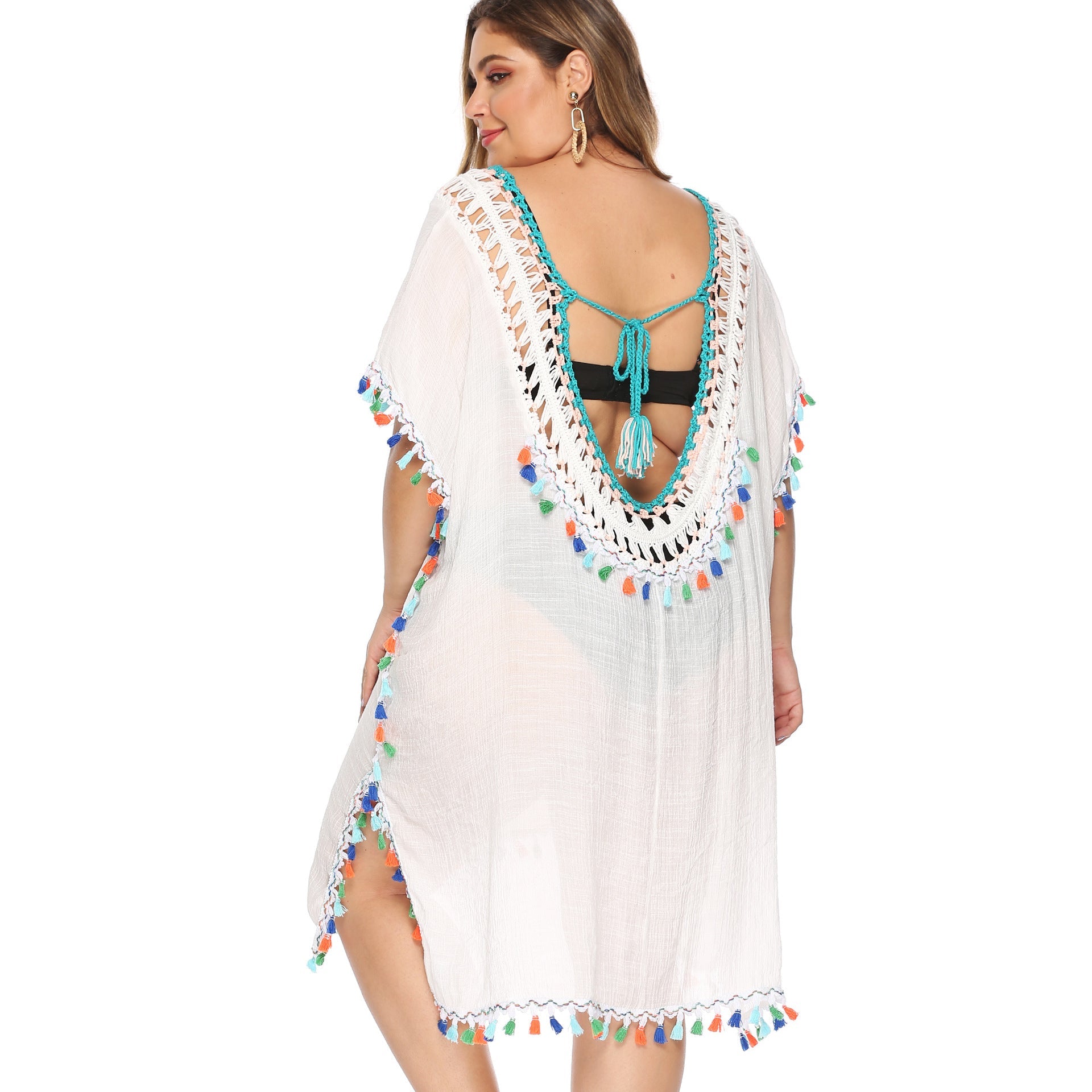 Damen luftiger Strandponcho mit buntem Quastenrand R&B