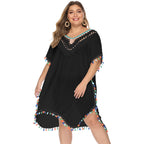 Damen luftiger Strandponcho mit buntem Quastenrand R&B