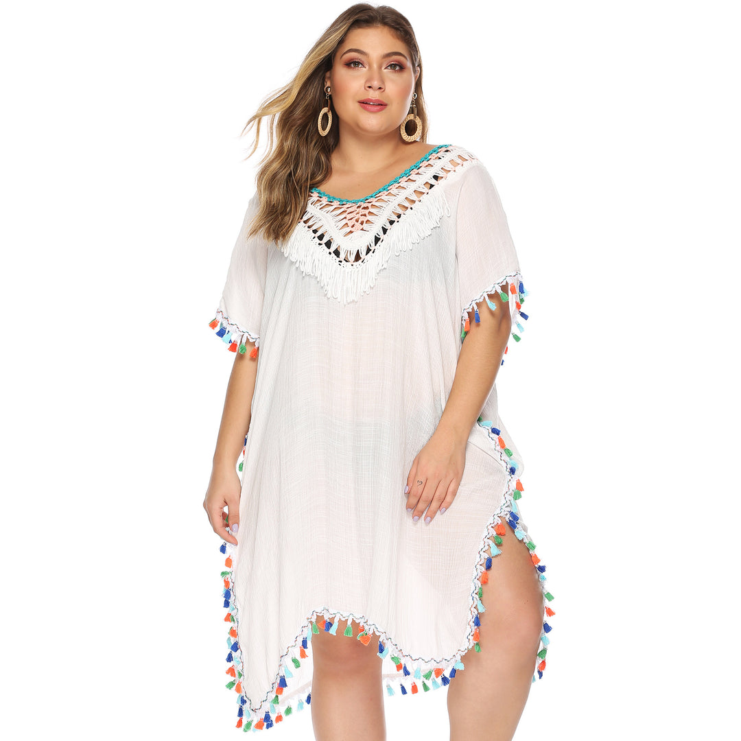 Damen luftiger Strandponcho mit buntem Quastenrand R&B