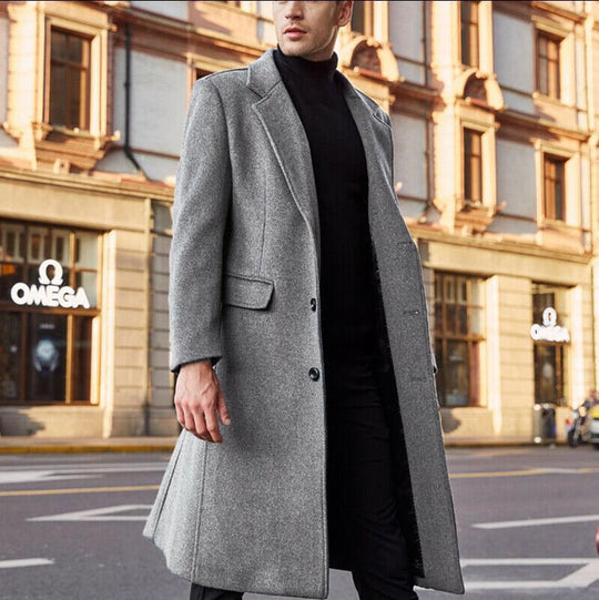 Herren eleganter Langmantel aus hochwertiger Wolle mit praktischem Revers R&B