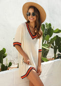 Damen luftiger Kaftan mit buntem Häkelbesatz R&B