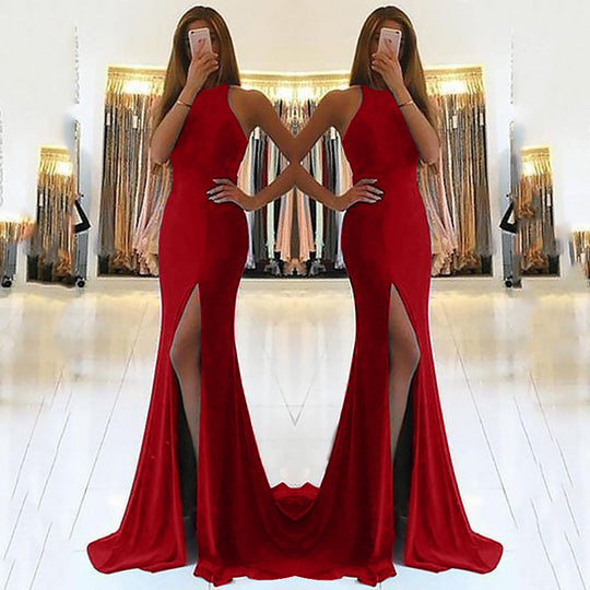 Damen Glamouröses Abendkleid mit elegantem V-Ausschnitt und hohem Schlitz R&B