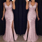 Damen Schimmerndes Abendkleid mit tiefem V-Ausschnitt und seitlichem Schlitz R&B