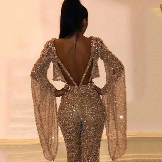 Damen Glitzerndes Zweiteiliges Set mit weitem Bein und langen Ärmeln R&B