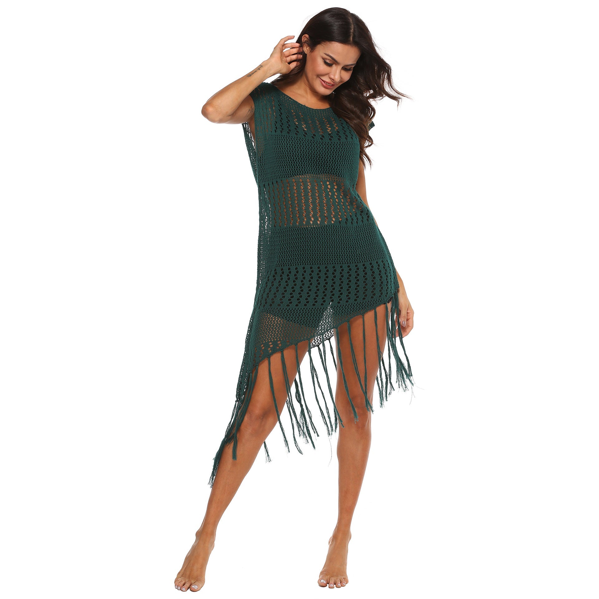 Damen Strandkleid mit Fransen und Netzdesign R&B