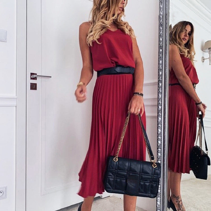 Damen Plissee Midi-Kleid mit Spaghettiträgern und schmeichelnder Silhouette R&B