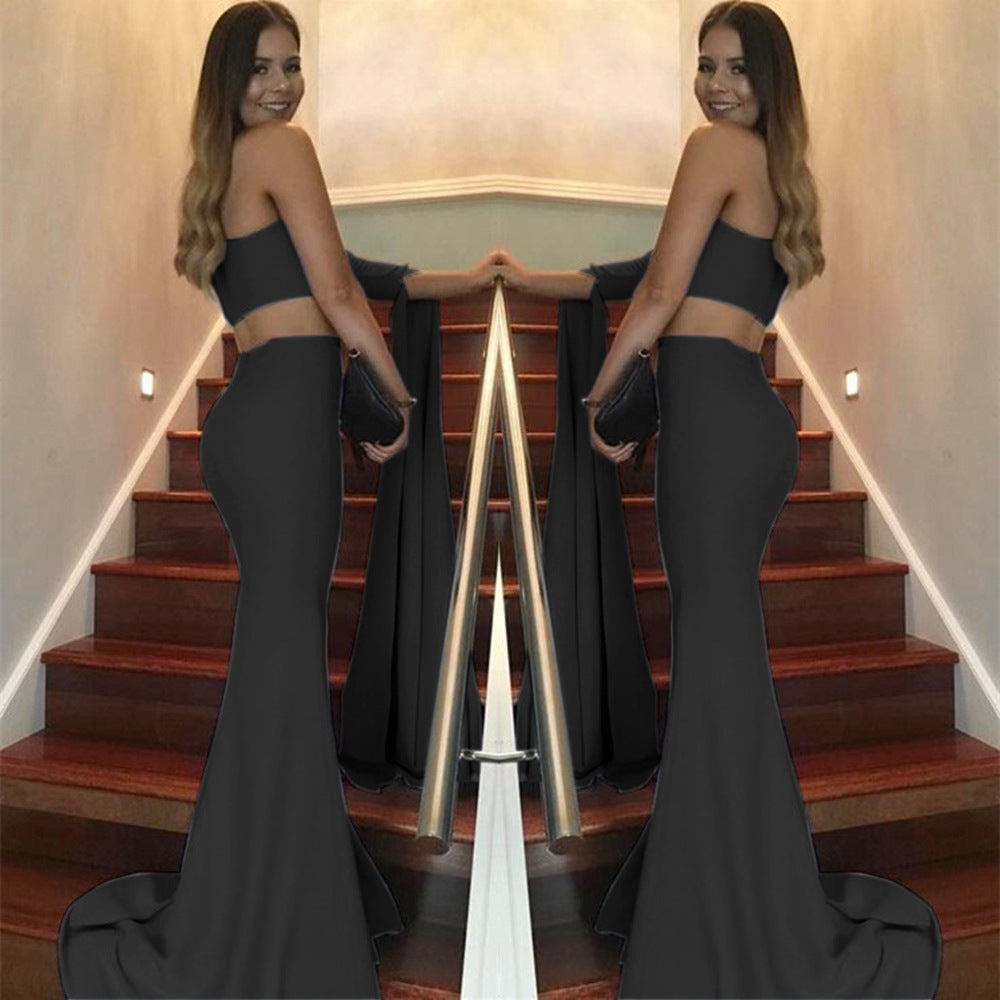 Damen elegantes schulterfreies Abendkleid mit asymmetrischem Schnitt und fließendem Stoff R&B