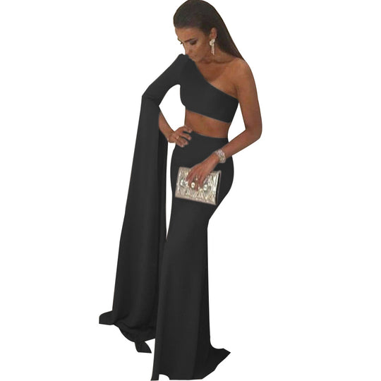 Damen elegantes schulterfreies Abendkleid mit asymmetrischem Schnitt und fließendem Stoff R&B