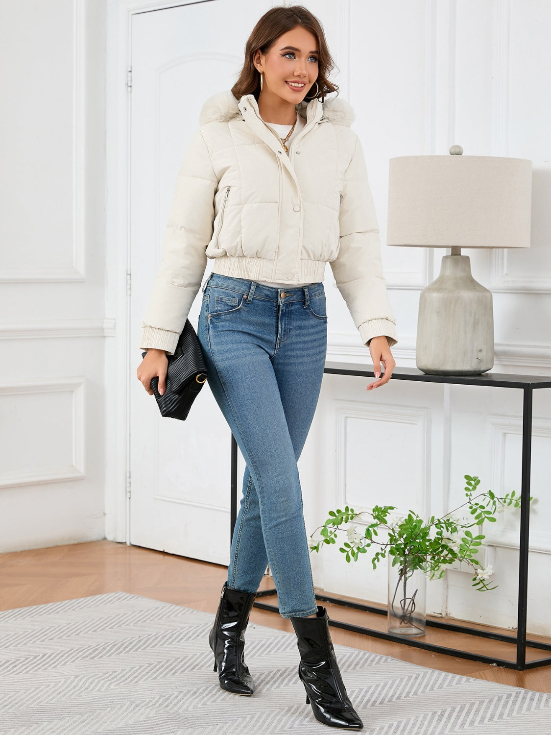 R&B | Kuschelige Gepolsterten Winterjacke mit Pelzkapuze und Taschen