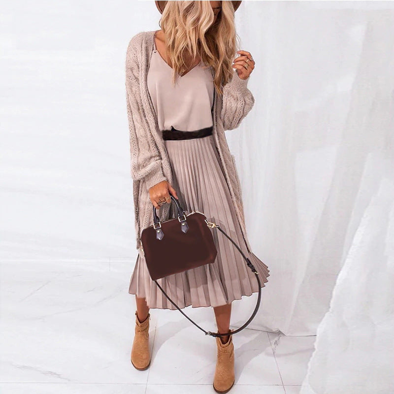 Damen Plissee Midi-Kleid mit Spaghettiträgern und schmeichelnder Silhouette R&B