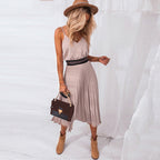 Damen Plissee Midi-Kleid mit Spaghettiträgern und schmeichelnder Silhouette R&B