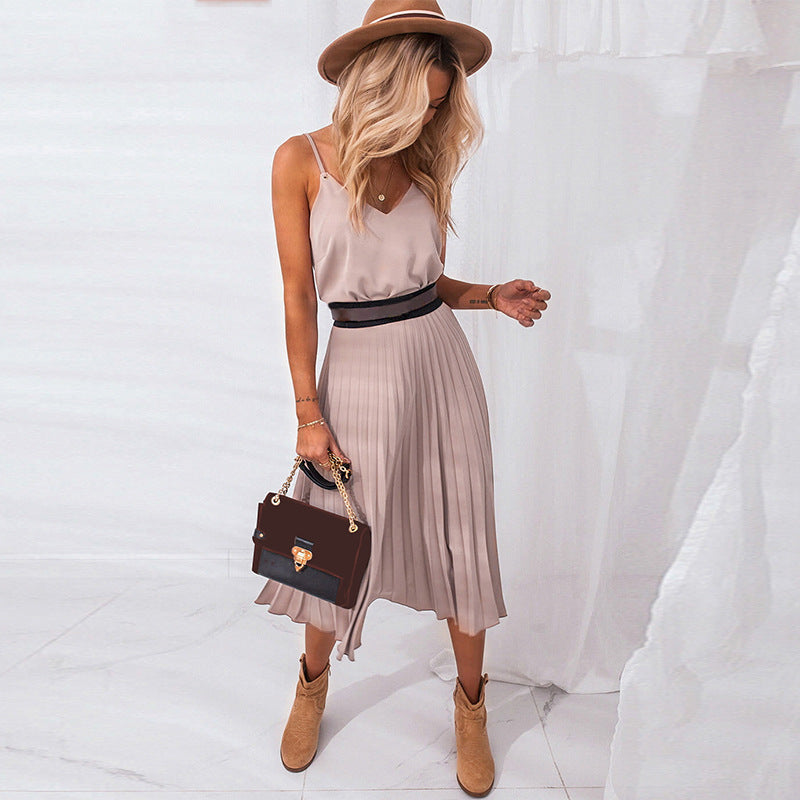 Damen Plissee Midi-Kleid mit Spaghettiträgern und schmeichelnder Silhouette R&B