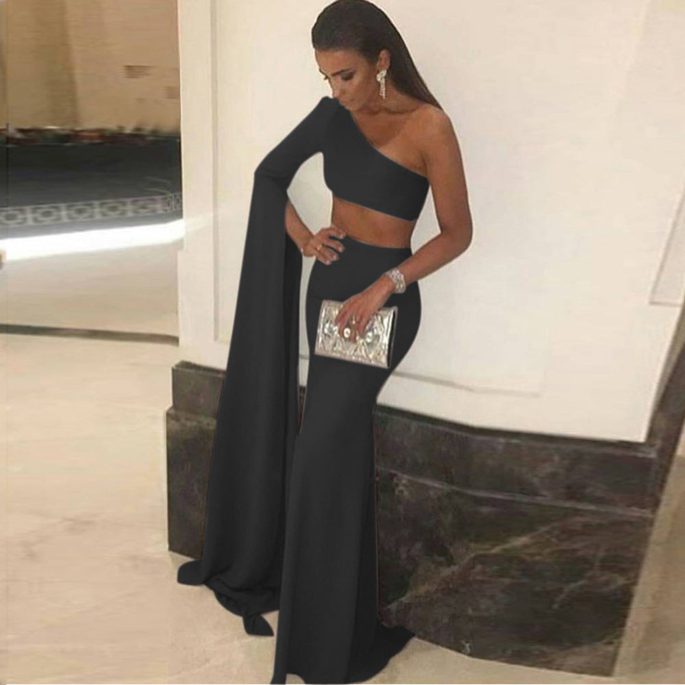 Damen elegantes schulterfreies Abendkleid mit asymmetrischem Schnitt und fließendem Stoff R&B