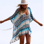 Damen lässiger Strandkimono im Wellenmuster mit offenen Ärmeln und seitlichen Schlitzen R&B