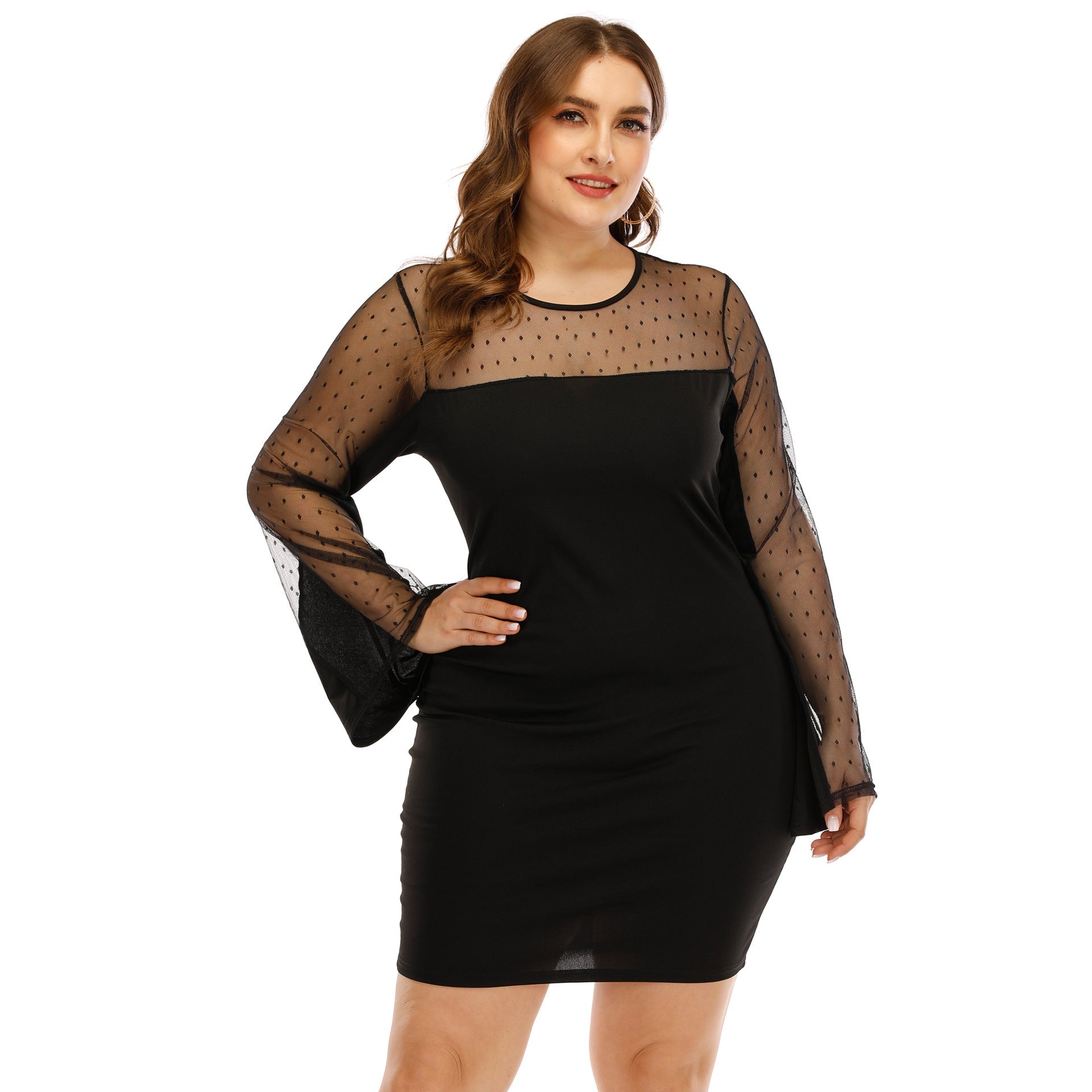 Damen Kleid mit transparenten Puffärmeln und Punktmuster R&B