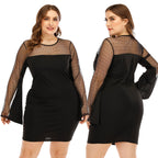 Damen Kleid mit transparenten Puffärmeln und Punktmuster R&B