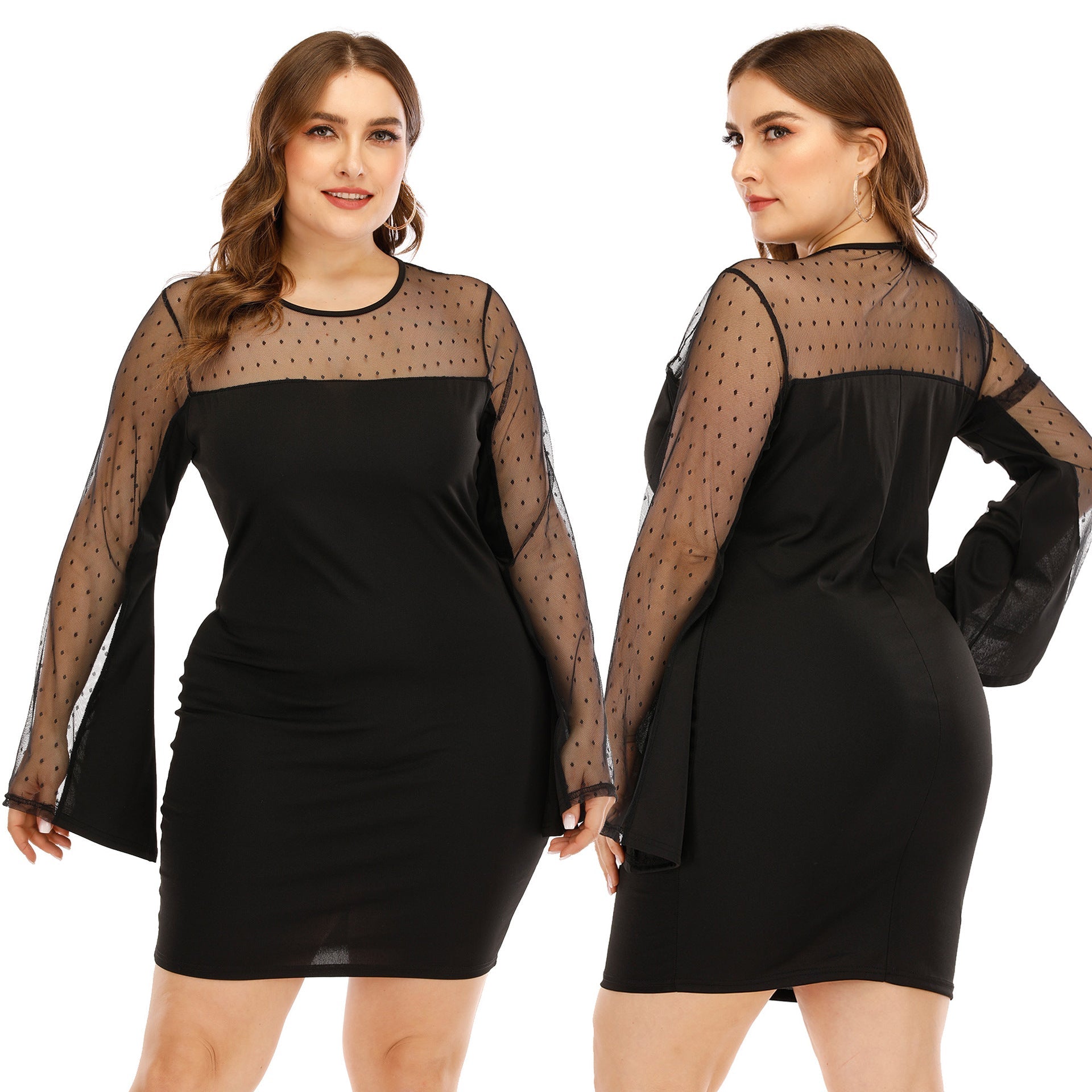 Damen Kleid mit transparenten Puffärmeln und Punktmuster R&B