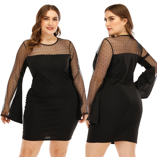 Damen Kleid mit transparenten Puffärmeln und Punktmuster R&B