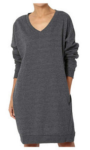 Damen Sweatshirt-Kleid mit V-Ausschnitt und praktischem Taschen-Design R&B