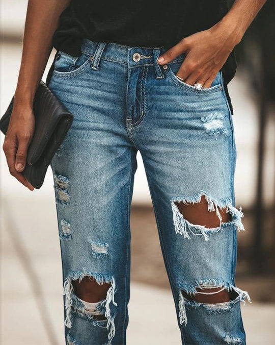 Damen Ripped Jeans im modernen Slim-Fit Schnitt mit fransigen Details R&B