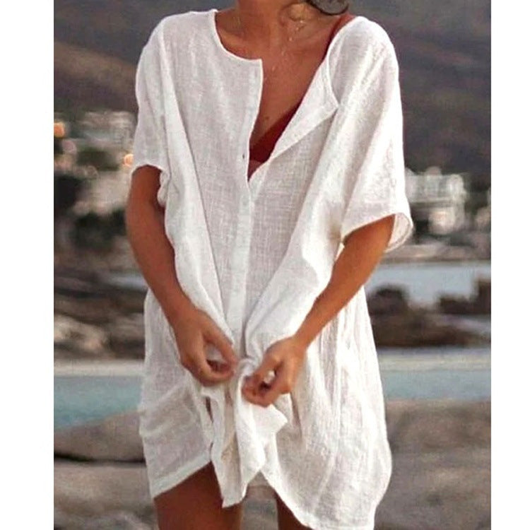 Damen Lässiges Strandkleid aus Leinen mit Knopfleiste und seitlichen Schlitzen R&B