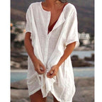 Damen Lässiges Strandkleid aus Leinen mit Knopfleiste und seitlichen Schlitzen R&B