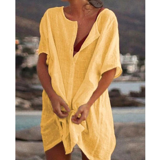 Damen Lässiges Strandkleid aus Leinen mit Knopfleiste und seitlichen Schlitzen R&B