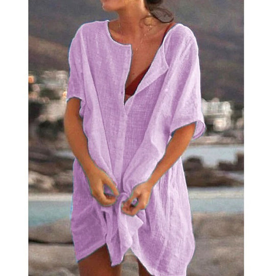 Damen Lässiges Strandkleid aus Leinen mit Knopfleiste und seitlichen Schlitzen R&B