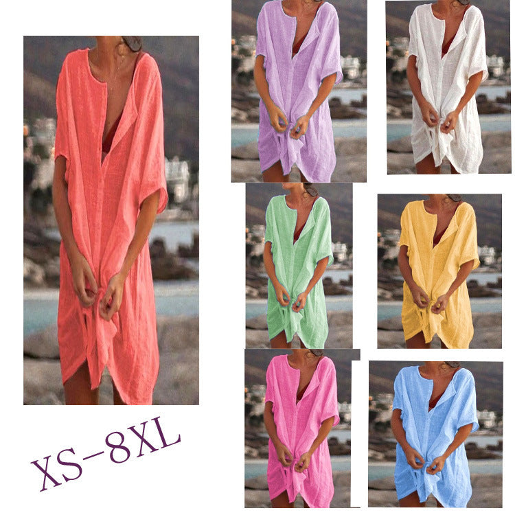Damen Lässiges Strandkleid aus Leinen mit Knopfleiste und seitlichen Schlitzen R&B