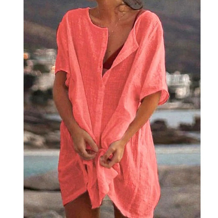 Damen Lässiges Strandkleid aus Leinen mit Knopfleiste und seitlichen Schlitzen R&B