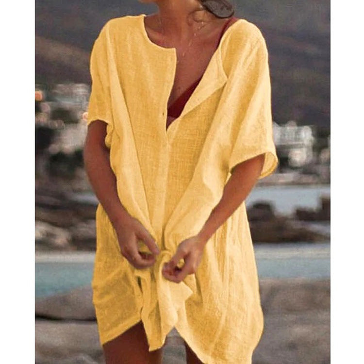 Damen Lässiges Strandkleid aus Leinen mit Knopfleiste und seitlichen Schlitzen R&B