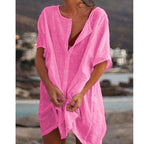 Damen Lässiges Strandkleid aus Leinen mit Knopfleiste und seitlichen Schlitzen R&B