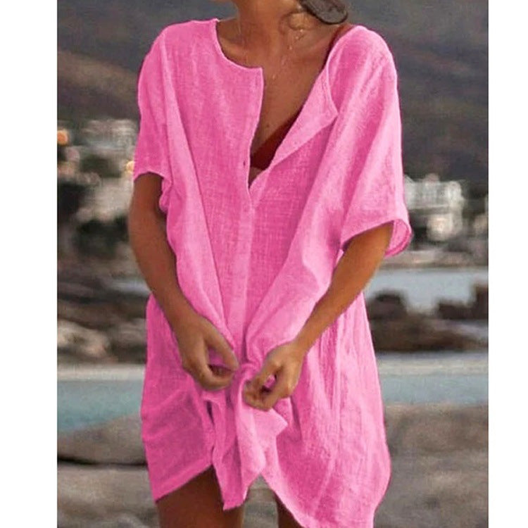 Damen Lässiges Strandkleid aus Leinen mit Knopfleiste und seitlichen Schlitzen R&B