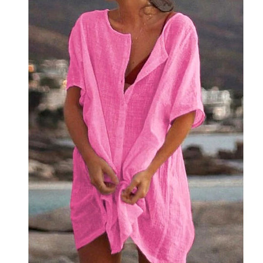 Damen Lässiges Strandkleid aus Leinen mit Knopfleiste und seitlichen Schlitzen R&B