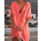 Damen Lässiges Strandkleid aus Leinen mit Knopfleiste und seitlichen Schlitzen R&B
