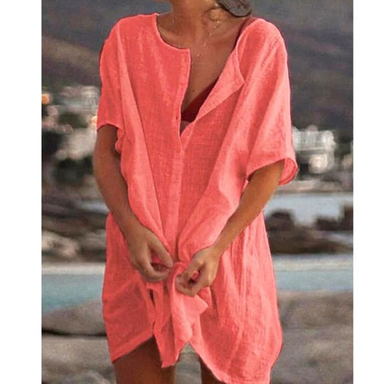 Damen Lässiges Strandkleid aus Leinen mit Knopfleiste und seitlichen Schlitzen R&B