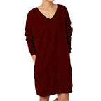 Damen lässiges Longsleeve Kleid mit tiefem V-Ausschnitt und Taschen R&B