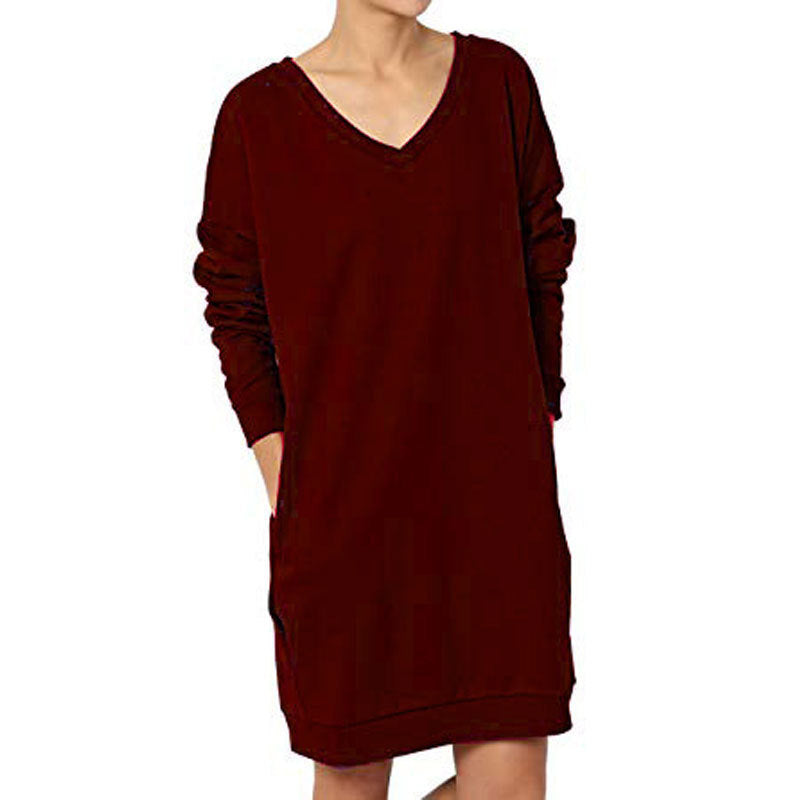 Damen lässiges Longsleeve Kleid mit tiefem V-Ausschnitt und Taschen R&B