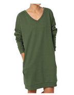 Damen lässiges Longsleeve Kleid mit tiefem V-Ausschnitt und Taschen R&B