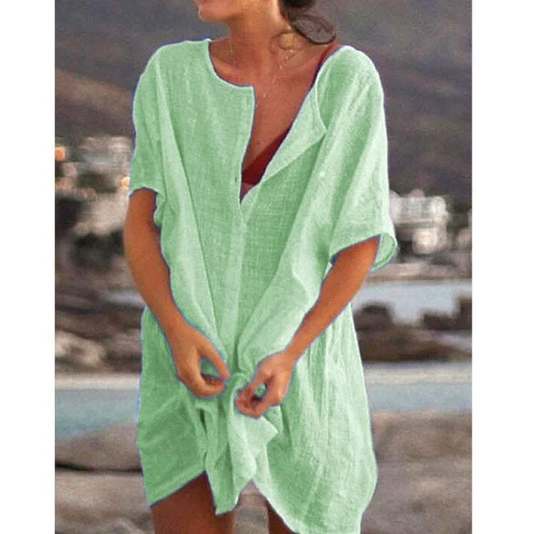 Damen Lässiges Strandkleid aus Leinen mit Knopfleiste und seitlichen Schlitzen R&B