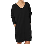 Damen lässiges Longsleeve Kleid mit tiefem V-Ausschnitt und Taschen R&B
