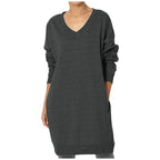 Damen lässiges Longsleeve Kleid mit tiefem V-Ausschnitt und Taschen R&B