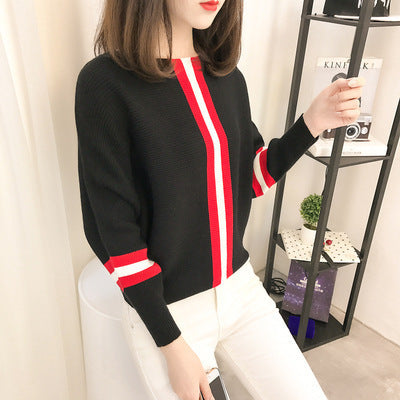 Damen sportlicher Strickpullover mit breiten Ärmeln und kreativen Streifen R&B