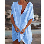 Damen Lässiges Strandkleid aus Leinen mit Knopfleiste und seitlichen Schlitzen R&B